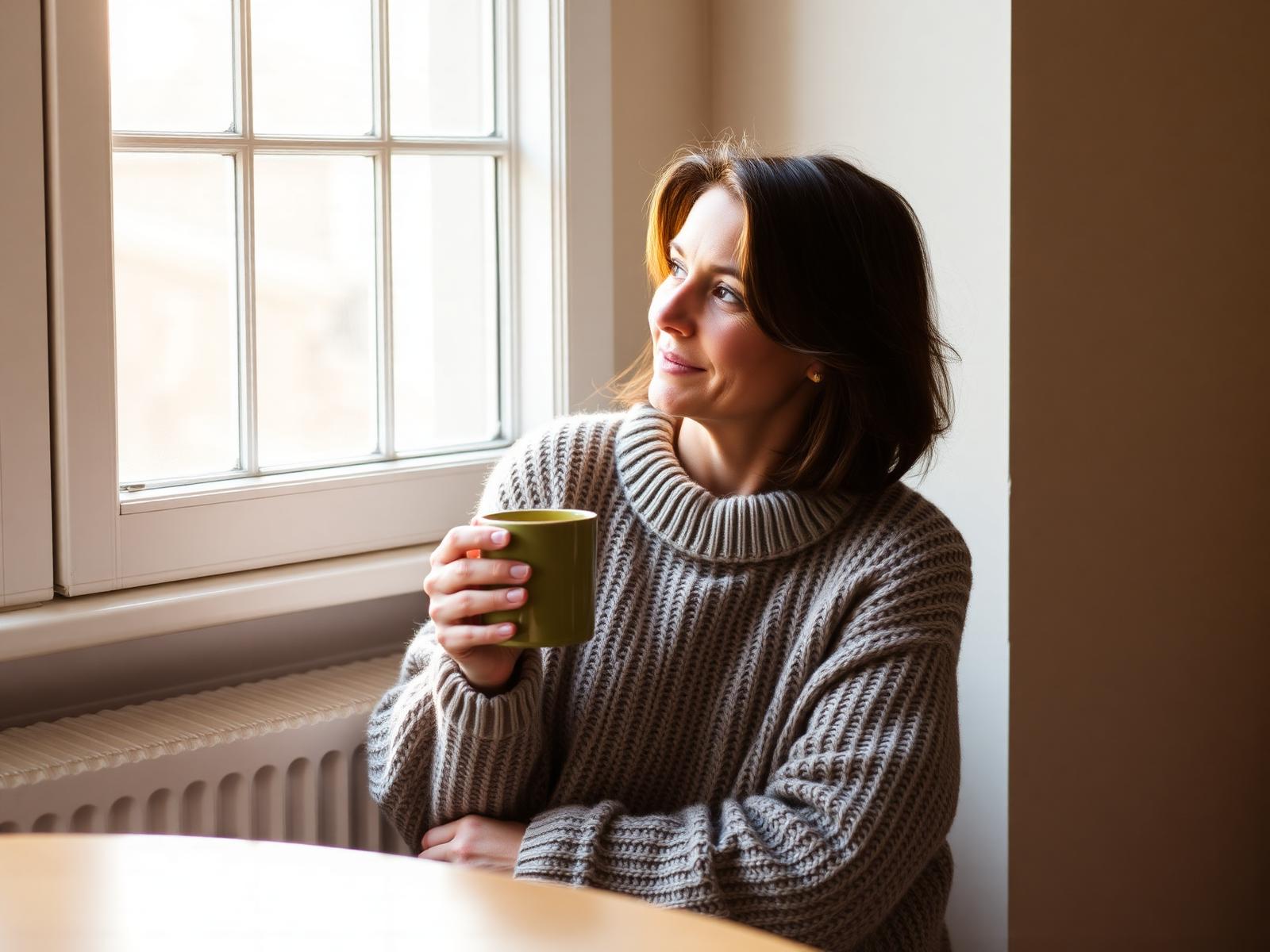 Woman quietly reflecting by a bright window with a warm mug