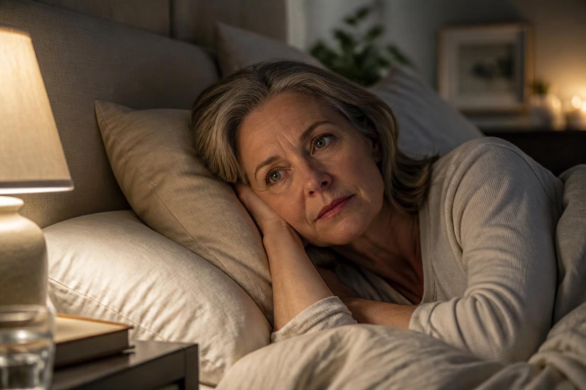 Woman in her fifties lying awake in bed at night beside a warm bedside lamp