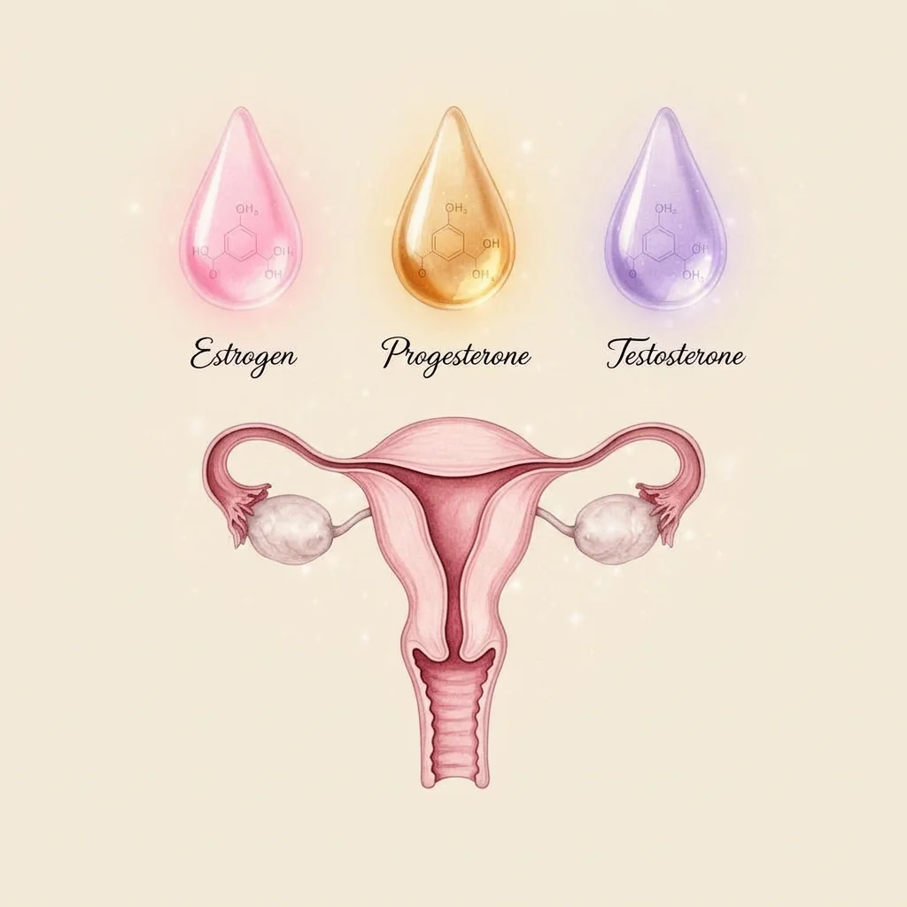 Estrogen, progesterone and testosterone illustrated as glowing droplets above a watercolor anatomical illustration