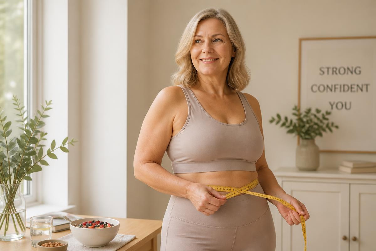Confident woman in her fifties in neutral activewear standing by a sunlit window with a healthy breakfast