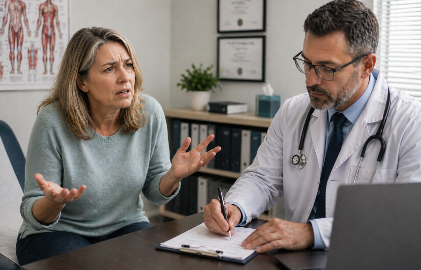 Woman in perimenopause frustrated with doctor dismissing her symptoms during medical visit