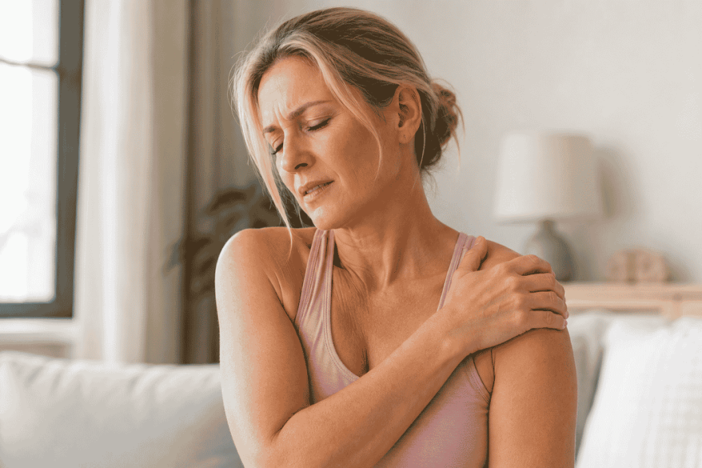 Middle-aged woman holding her painful shoulder indoors, representing frozen shoulder and menopause-related joint pain.