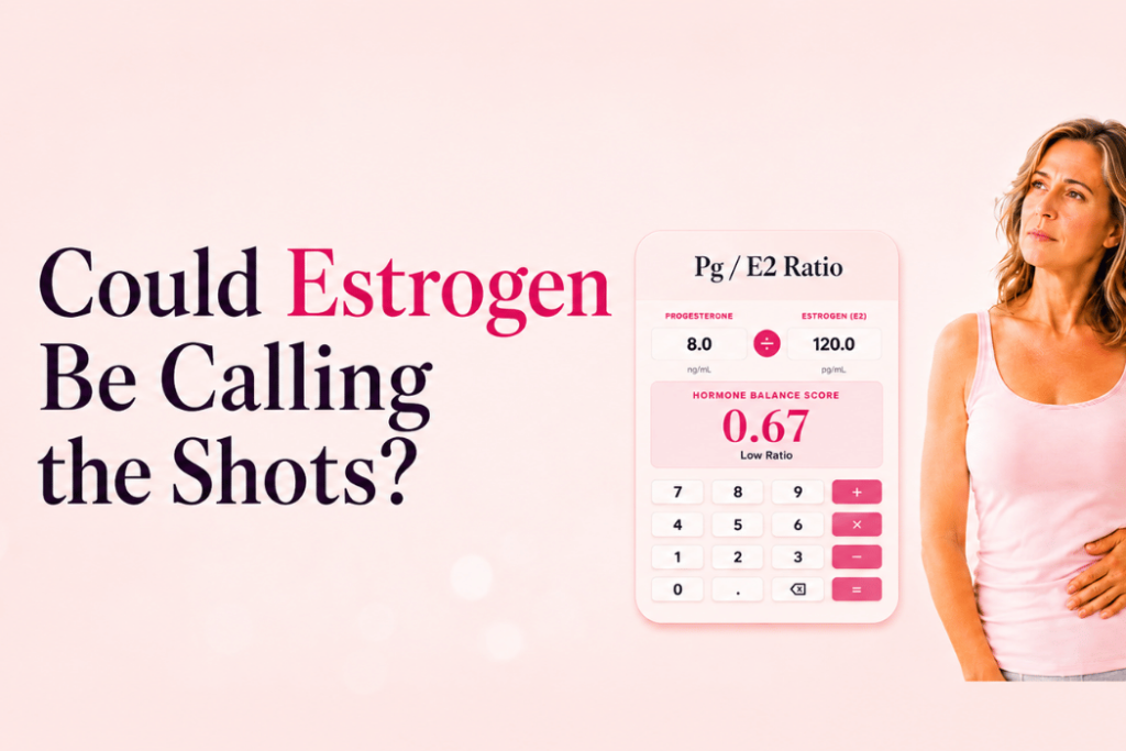 Could estrogen be calling the shots? Blog image showing a midlife woman, a Pg/E2 ratio calculator, and hormone balance score for estrogen dominance education.