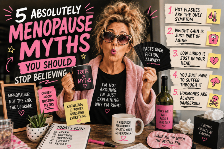 Woman holding a mug and fan beside a list of 5 menopause myths, including hot flashes, weight gain, low libido, suffering through menopause, and hormone safety.