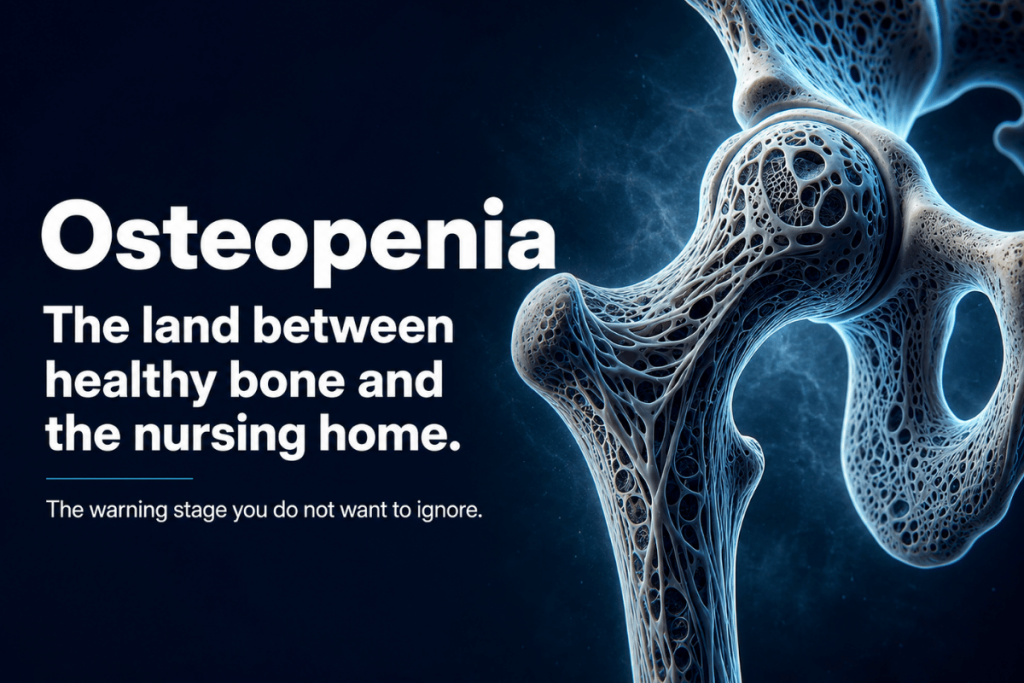 Dramatic medical image of porous bone with text reading Osteopenia, the land between healthy bone and the nursing home.